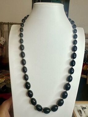 Vintage Monet Signed Black Oval Bead Necklace 28” Gold Tone Spacer Beads, Clasp